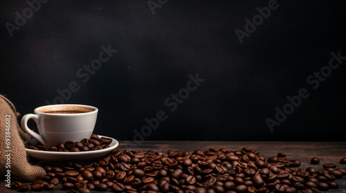 Top view of Cup of coffee and coffee beans in a sack