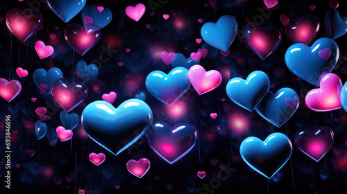 3D pink and blue hearts on dark blue background as wallpaper illustration,valentine hearts background