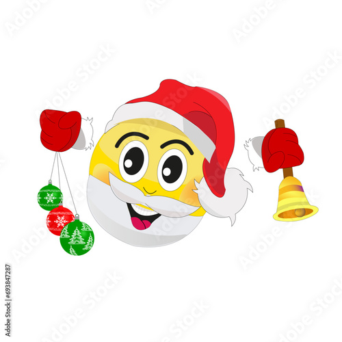 Illustration représentant la tête d'un père noel avec moustache et bonnet rouge tenant dans chaque main cloche et boules de noël