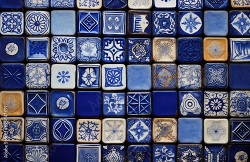 A stunning collection of artisanal blue and white ceramic tiles with intricate designs, creating a rich visual field. Generative AI. © serg3d