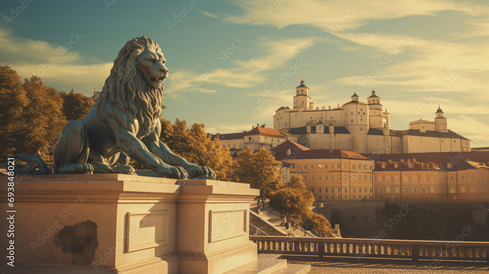 Royal castle in Lublin with guarding lion - obrazy, fototapety, plakaty 