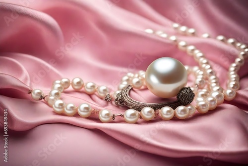 Pearl necklace on a pink silk with copy space