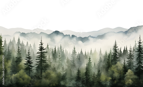 the watercolor painting of trees in the forest with fog   © Lin_Studio
