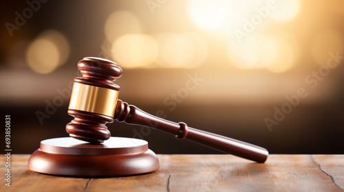Wooden gavel on wooden table on background photo