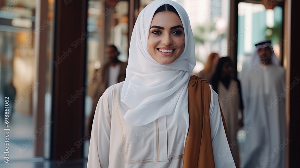 Portrait of a beautiful muslim woman wearing hijab smiling at camera
