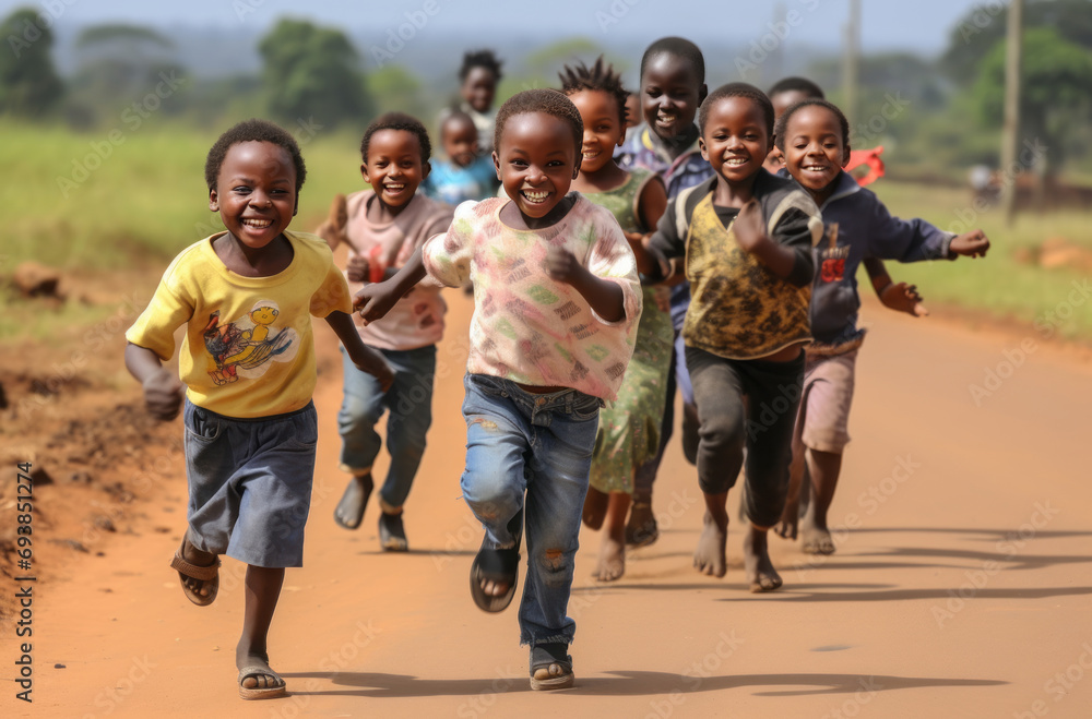 Exuberant African children sprinting outdoors