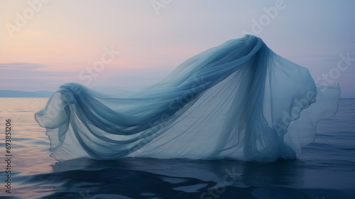 A flying floating blue veil in the sea at sunset. photo