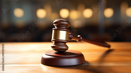 Wooden gavel on wooden table on background photo