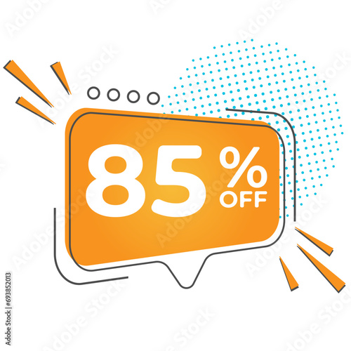 85% off special offer. Banner with 
eighty five perc ent discount on a orange square balloon.