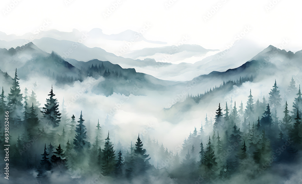 Obraz premium the watercolor painting of trees in the forest with fog 