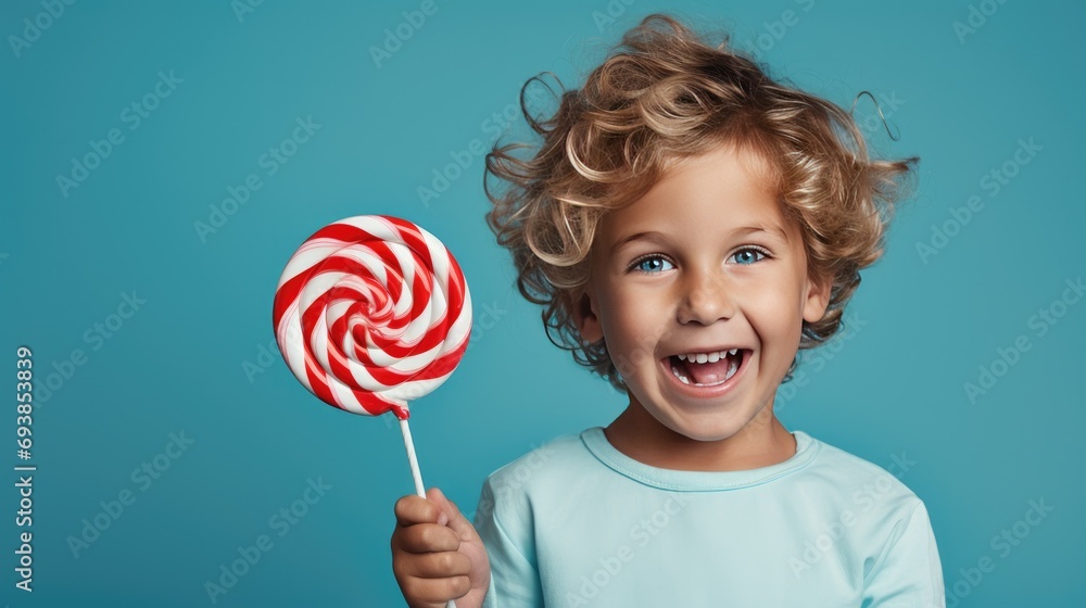 Boy holding a round lollipop on a blue background, - obrazy, fototapety, plakaty 