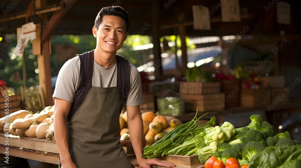 A happy vendor poses with fresh vegetables at a local farmers market