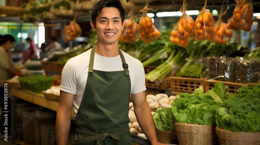 A smiling man in an apron stands proudly in a produce marke
