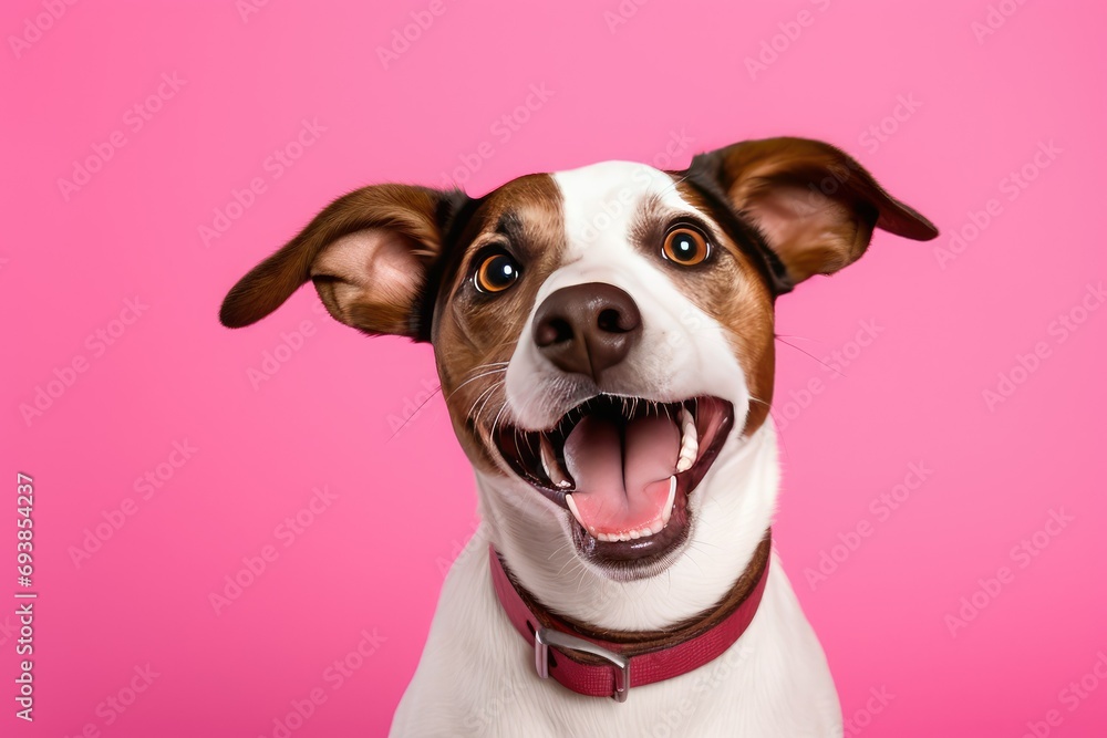 A small brown and white dog on a pink background, A small brown and white dog on a pink background,