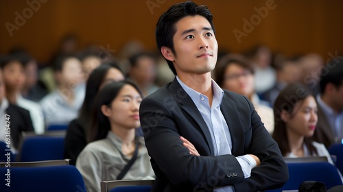 A confident businessman is attentively listening in a conference room with other participants  showing engagement and professionalism