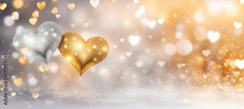 Valentine's Day banner with two gold and silver hearts  on a blurred heart shaped bokeh background with free space for text.St.Valentine's Day,Love Wedding concept.Generative AI
 photo