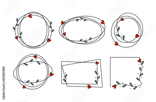 Valentines Day Love Frames with Cute Hearts. Round, Square and Oval Borders. Collection of Vector Hand Drawn Doodle Backgrounds.