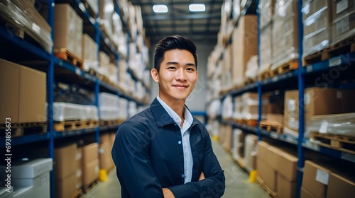 A young man with a confident smile stands in a warehouse aisle