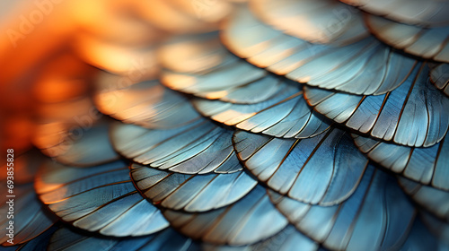 A Mesmerizing Macro Shot of Vibrant Bird Feathers in Exquisite Detail: Captivating Wildlife Photography Showcasing the Delicate and Intricate Patterns , Blur styls and soft color of chickens feather t