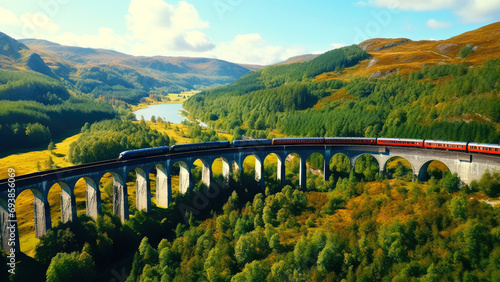 A freight steam train runs through a beautiful valley in Scotland, United Kingdom
