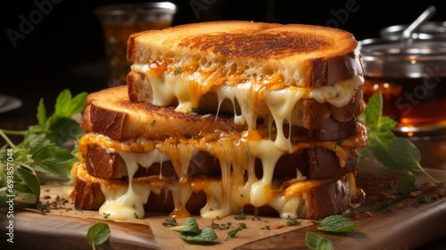 Close-up of grilled sandwich cheese on a wooden table