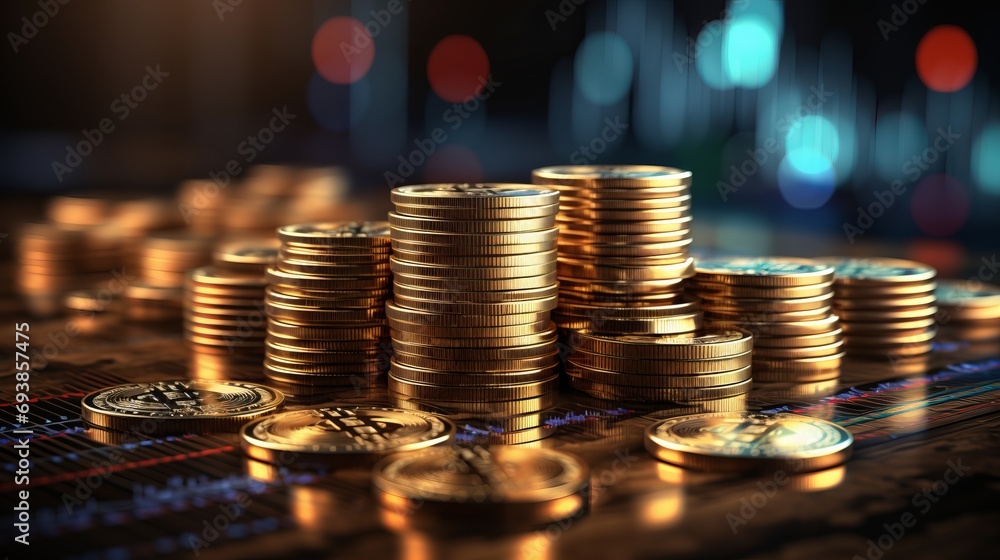 Stacks of coins closeup on background of finansial data growth graphs. Stacks of coins closeup on background of finansial data growth graphs.