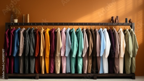 Many colorful shirts hang in a row on hangers in a retail store.