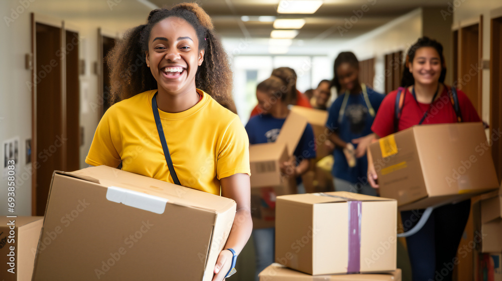 Exciting moments acaptured as students embark on their college journey, captured in a bustling dormitory setting. Eager faces carrying boxes and bedding, move into colorful and inviting Generative AI. Exciting moments acaptured as students embark on their college journey, captured in a bustling dormitory setting. Eager faces carrying boxes and bedding, move into colorful and inviting Generative AI.