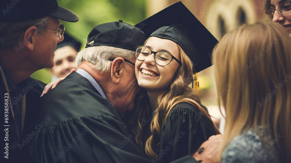 college graduate adorned in cap and gown, sharing a heartfelt moment ...