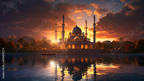 Sunset over the lake mosque