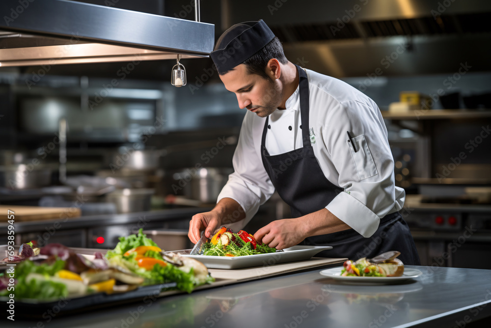 Professional Chef in a Modern Kitchen Preparing a Gourmet Meal