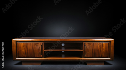 A brown wooden TV stand is seen photo