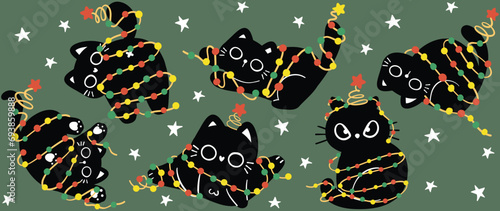 Cute Christmas Glass Can Wrap funny Balck cats with lightts Pattern layered printable for 16 oz Libbey isolated on background. photo