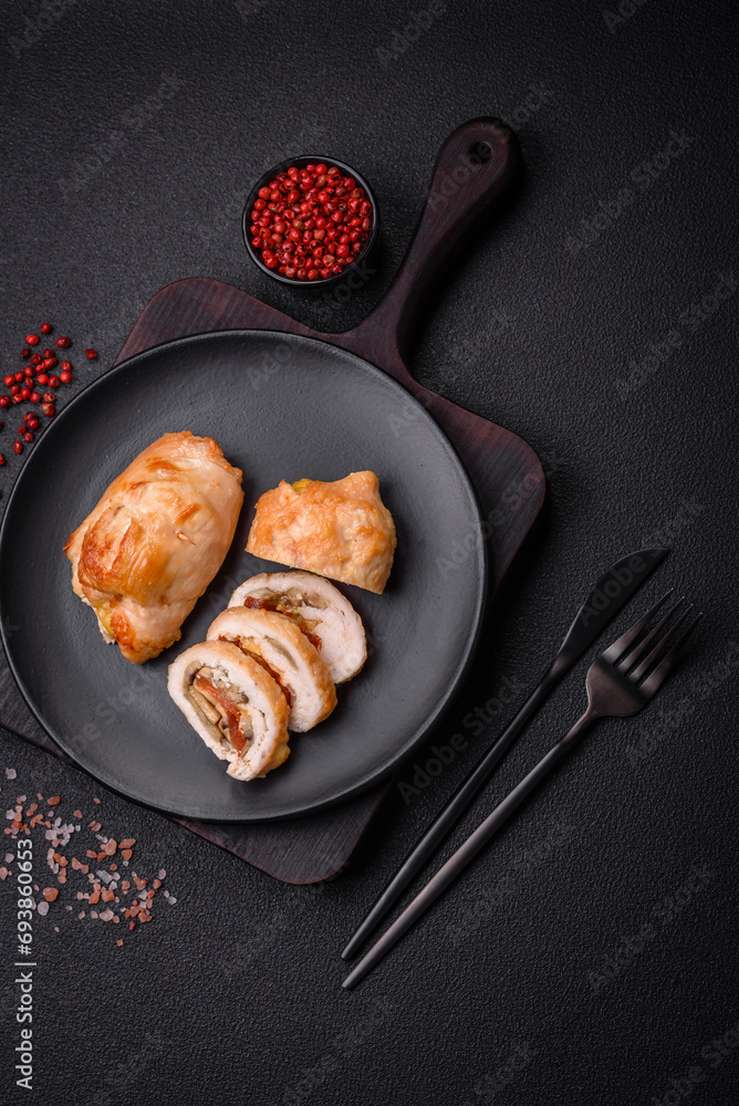 Delicious fresh meat roll made from chicken fillet, mushrooms, spices and herbs Delicious fresh meat roll made from chicken fillet, mushrooms, spices and herbs