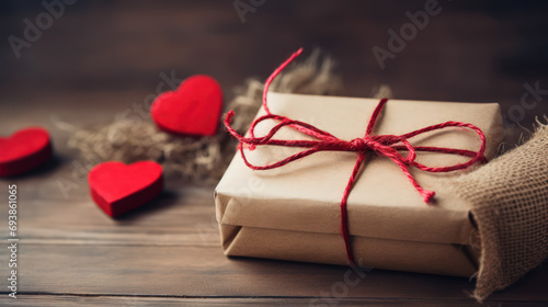 Paper-wrapped gift box with red ribbon and hearts, valentine day background