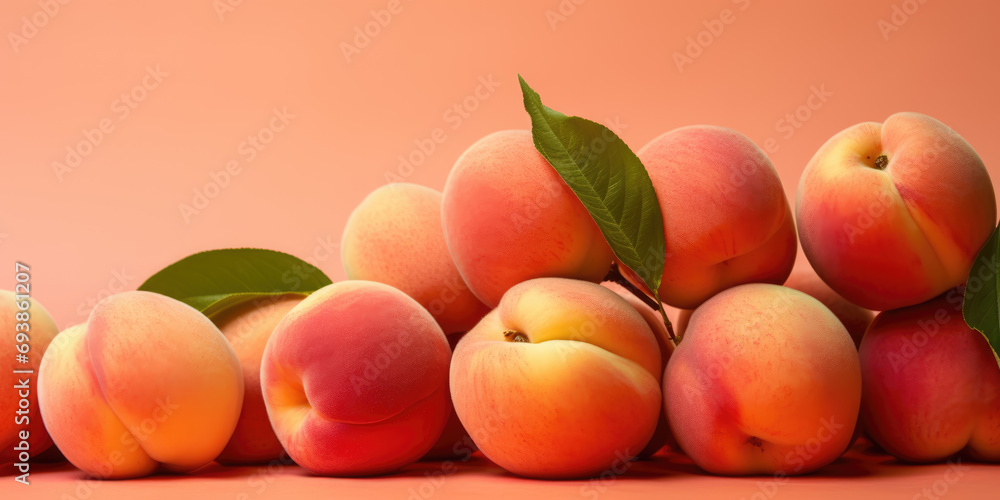AI generation. Fresh ripe peaches with green leaves on pink background. Color of