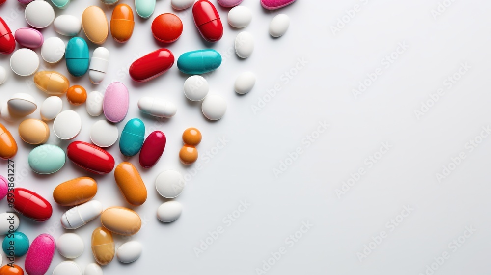 Top view of different coloured pills and capsules on light background with copy space. Generative AI Top view of different coloured pills and capsules on light background with copy space. Generative AI