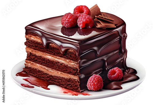 Slice of chocolate cake with raspberries on transparent background 