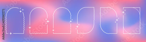 Thin empty archs and frames on a blurred gradient mesh backdrop, Y2K decorations, picture borders on a vivid background. Vector illustration.