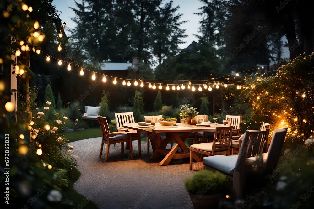 Summer evening on the patio of beautiful suburban house with lights in the garden garden - obrazy, fototapety, plakaty 