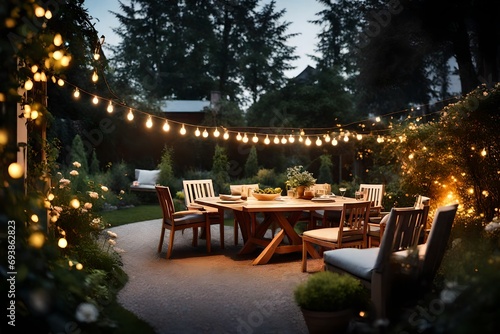 Summer evening on the patio of beautiful suburban house with lights in the garden garden photo