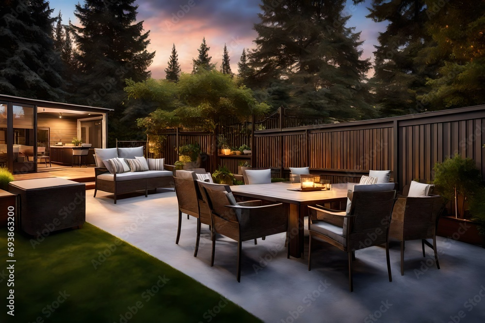 Fenced backyard with patio deck and outdoor furniture illuminated in evening