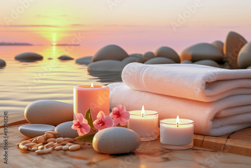 Beauty accessories for spa services, such as peach towels, massage oil and candles, convey the idea of relaxation and self-love, creating a relaxing and caring atmosphere