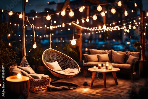 Cozy rooftop patio area with lounge zone,hanging chair and and string lights at warm summer evening photo