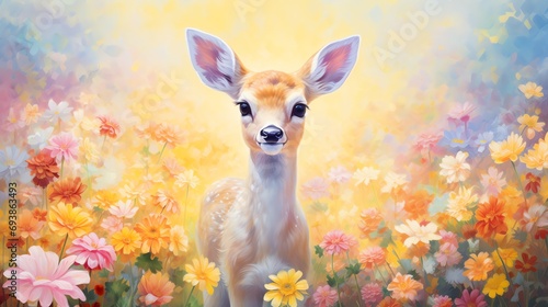 a baby deer in a field of flowers