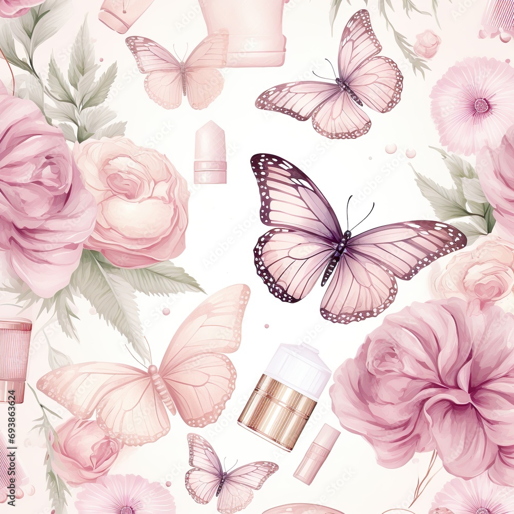Pattern with pink roses and butterflies- Valentine day