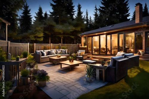 Fenced backyard with patio deck and outdoor furniture illuminated in evening. © MISHAL
