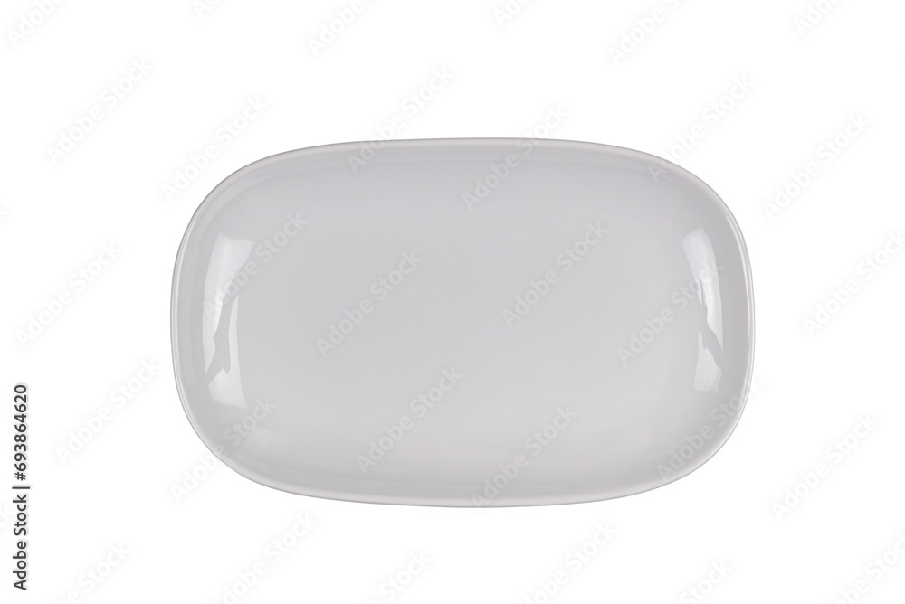 Top view or flat lay of single empty white ceramic tray isolated on white background with cliping path. Top view or flat lay of single empty white ceramic tray isolated on white background with cliping path.