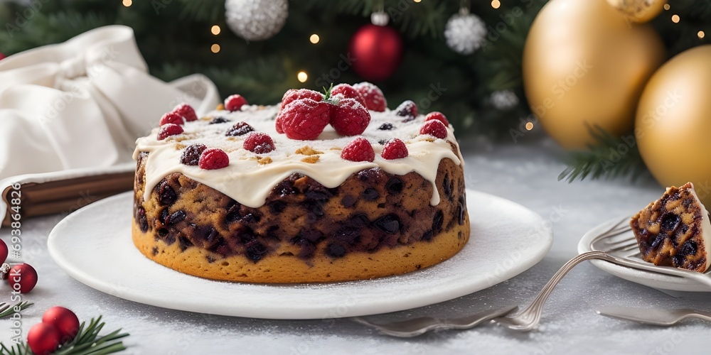 Chocolate cake with cranberries and icing sugar on a Christmas background Chocolate cake with cranberries and icing sugar on a Christmas background