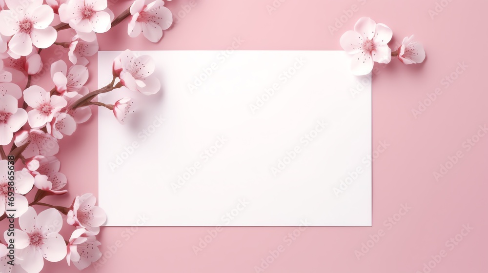 a white rectangular card with pink flowers on it - obrazy, fototapety, plakaty 